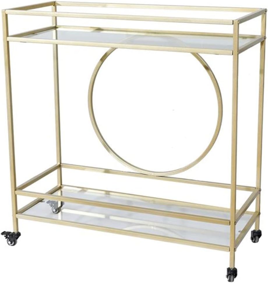 International Bar Serving Cart Dining Car Storage Rack 2-Layer Gold Metal Frame Glass Top Shelf