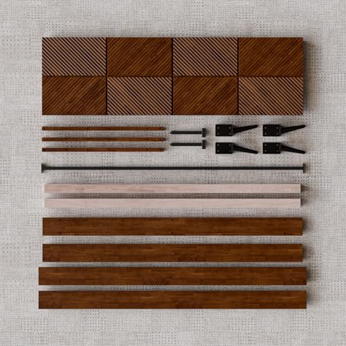 Image of Bme Rhombus King Bed Frame - Solid Rubber Wood with Geometric Rhombus Headboard, Walnut Finish, Scandinavian Modern Platform Bed with Sturdy Slats & Metal Legs, No Box Spring Needed
