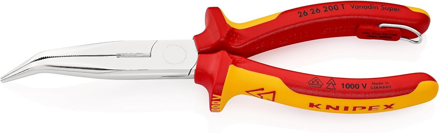 KNIPEX Pince demi-ronde avec tranchant (pince bec de cigogne) chromée isolées avec gaines bi-matière, homologuées VDE ; avec œillet de, 26 26 200 T