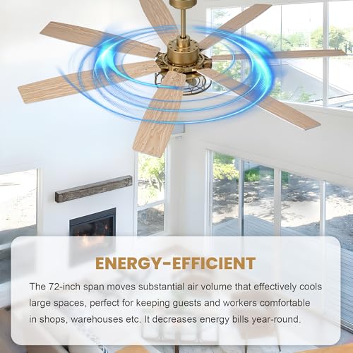 Image of Dawn Whisper 72 Inch Large Ceiling Fans with Lights Modern White Gold Farmhouse Ceiling Fan for Living Room Bedroom 6 Speed Reversible Quiet DC Motor