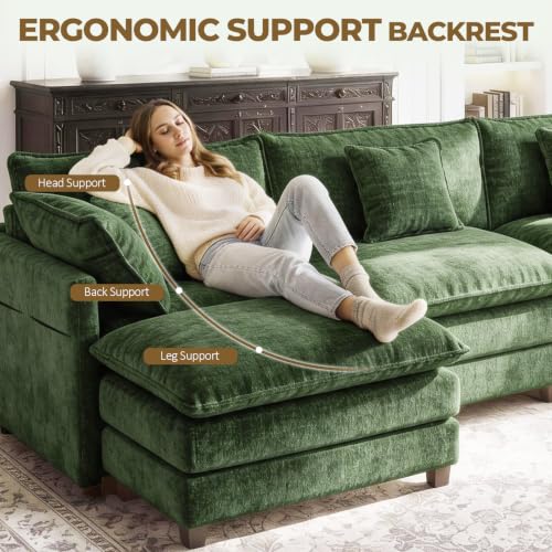 Image of 112 inch L-Shape Modular Sofa with 1 Ottomans, Deep Seat Cloud Convertible Sleeper, 3 Throw 2 Arm Pillows, Comfortable Upholstered Furniture for Living Room Apartment, Green