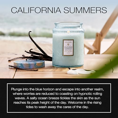 Image of Voluspa California Summers Large Scented Candle Jar, 18 Oz, 100 Hr Burn | Coconut Wax Blend in Decorative Glass, Clean Even Burn, USA Handcrafted Gift for Hosts, Fragrance Lovers & Relaxed Rooms