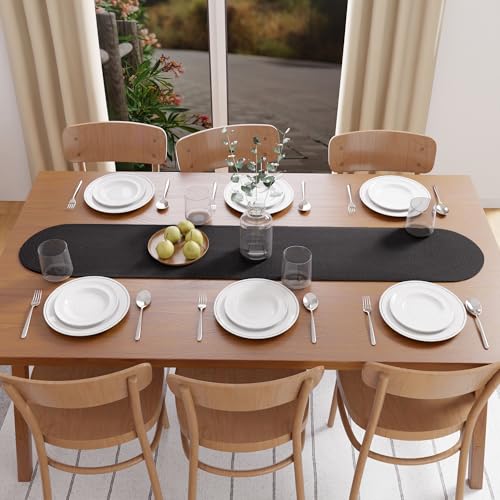 Image of Encasa XO Table Runner for 4 Seater | Handmade Ribbed Style Cotton | 30x137 cm | Black | for Dining & Center Table