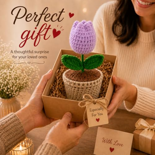 Image of Handcrafted Crochet Flower Pot | 7 Inch Handmade Wool Flower Plant | Premium Soft Yarn Decor | Cute Desk & Home Decoration | Unique Gift for Birthday, Anniversary & Valentine (Tulip Lavender)