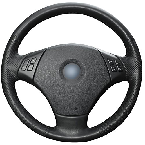 Black Genuine Leather Steering Wheel Cover for BMW E90 2007-2011 BMW 335 I 4D Sedan / 2007-2011 BMW 335 XI 4D Sedan / 2007-2011 BMW 328 I 4D Sedan / 2007-2011 BMW 328 XI 4D Sedan / 2009-2011 BMW 335 d 4D Sedan / 2006 BMW 330 I 330 XI / 2006 BMW 325 I