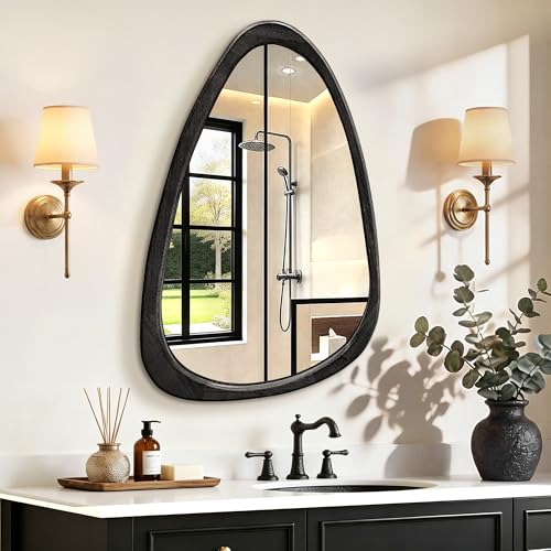 Image of Asymmetrical Mirror, 30 inchx20 inch Unique Irregular Wall Mirror, Wood Mid Century Modern Mirror Decor for Bathroom Bedroom Living Room Entryway Hallway (Black)