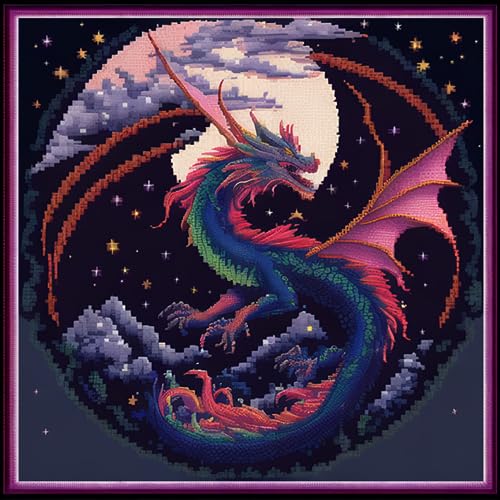 Redxing Stamped Cross Stitch Kits Embroidery kit for Beginners Adults Full Range of Embroidery Patterns Starter Kits DIY Printed Cross Stitch Kits Needlepoint Kits 11CT-Colored Dragon 17.7x17.7 inch