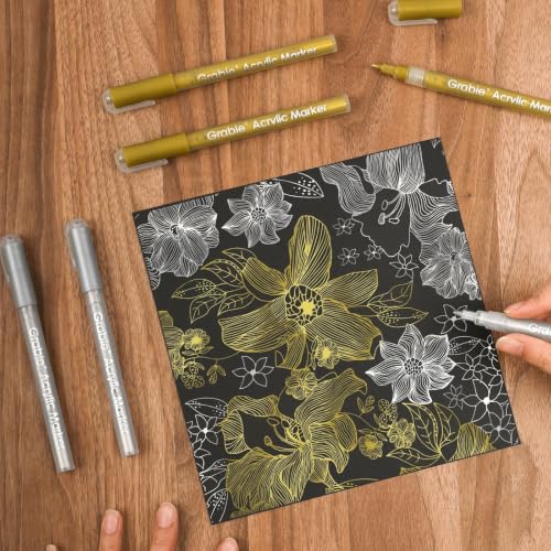 Image of Grabie Gold&Silver Acrylic Paint Marker Set, Extra Fine Tip, 6 Pieces, Gold Paint Markers, 0.7mm Acrylic Paint Pens for Black Paper, Halloween Pumpkin, Christmas, DIY, Silver Pen (Gold and