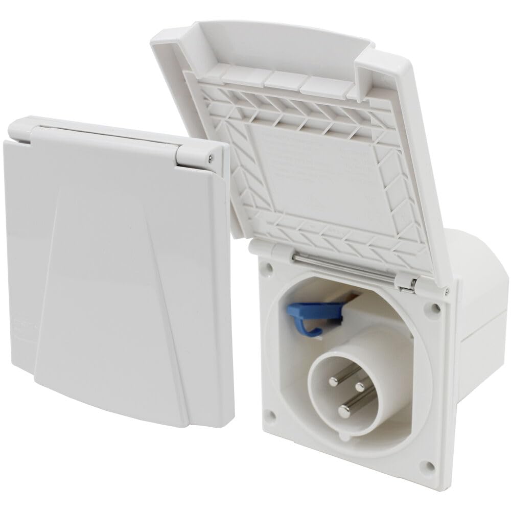 CR-MOESANCO® Enchufe para caravanas CEE - Enchufe de superficie para exteriores de 230 V / 16 A con tapa abatible - Enchufe de 3 polos para caravanas - Para uso en exteriores - IP44 - Blanco