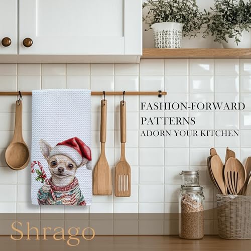 Image of Christmas Chihuahua Kitchen Towels, Chihuahua Gifts for Women Men Dish Tea Towels, Funny Candy Cane Dog Decorative Hand Towel for Bathroom Decor, 16x24 Inch