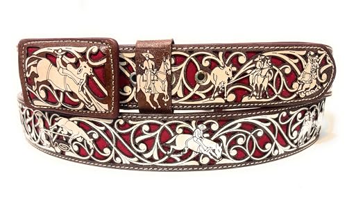 Mens Brown and Red Western Cowboy Rodeo Belt, Cinto Vaquero, Cinturon Charro Suertes Charras