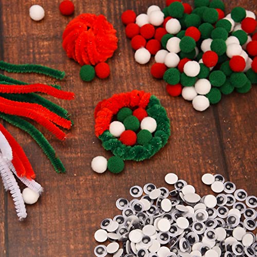 XNHIU Lot de 750 cure-pipes de Noël - 150 pièces - Rouge, vert, blanc - En chenille - 300 pièces - Yeux mobiles - 300 pompons - Pour loisirs créatifs (rouge, vert, blanc) - Image 5