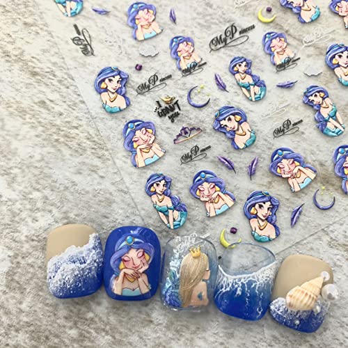 New 5D Embossed Mermaid Princess Nail Art Sticker Decals The Little Mermaid Cartoon Self-Adhesive Nail Art Sticker Decals (2 Sheets) + 2 Pcs 3D Mermaid Tail Nail Art Accessories(2 Colors), Anime Kawaii Designer Nail Stickers For Girls Kids Women Manicure Tips Decoration #TOP1