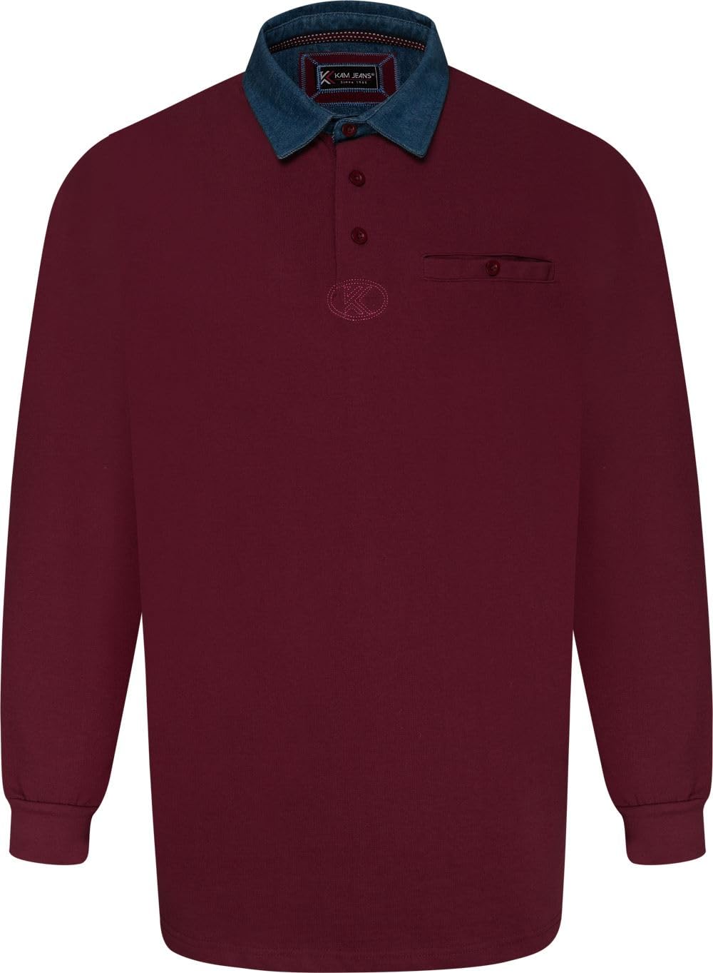 Kam Men's Red Jeanswear Long Sleeve Denim Collar Rugby Polo Shirt - 3XL