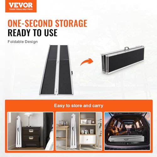 VEVOR Tragbare Rollstuhlrampe 3 m 363 kg Tragkraft rutschfeste Aluminium-Klappschwellenrampe Faltbare Rollstuhlrampe für Mobilitätsroller Behindertenrampe für Hausstufen Treppen Türen Bordsteine