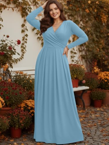 Image of KOH KOH Womens Long Sleeve V-Neck Flowy Modest Elegant Evening Maxi Dress