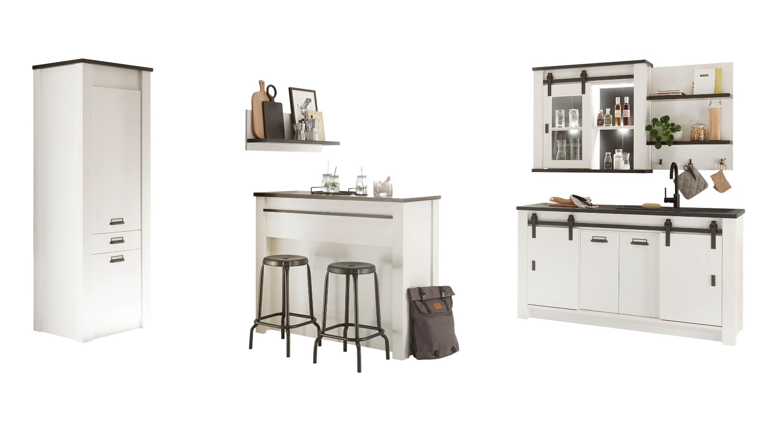 Küche mit Theke komplett Set in weiß Pinie und schwarz/anthrazit Küchenschrank 6 teilig komplette Küche im Industrial Design Stove (Set 1)