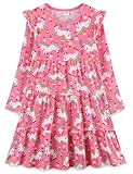 Bumeex Kids Little Girl's Dress Fall Spring Ruffle Long Sleeve Cute School Cotton Casual A-Line Dresses Outfits Clothing Clothes Vestido para Niña Pink Unicorn 6-7 Years