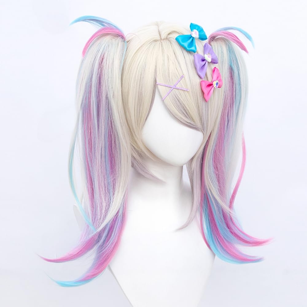 TO KU TOO YUO Game Cosplay Wig  Ombre Colorful Double Ponytails Straight With Bangs Synthetic for Women Heat Resistant Cosplay Hair 45 CM