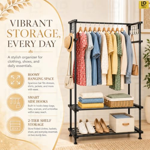 Image of LEOPAX Metal Clothes Rack with 2 Storage Shelves & 10 Hooks, Freestanding Cloth Stand, Garment Rack and Coat Hanger for Bedroom, Living Room & Entryway, Heavy Duty Clothing Organizer, Black