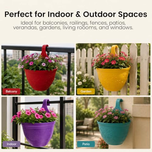Image of Go Hooked Hanging Planter Pots for Balcony Railing Pack of 2 | Small Plastic Victor Hook Flower Pots for Fence, Grill & Balcony (Multicolor, 16.5x9x19 cm) | Decorative Planters for Home Garden Decor