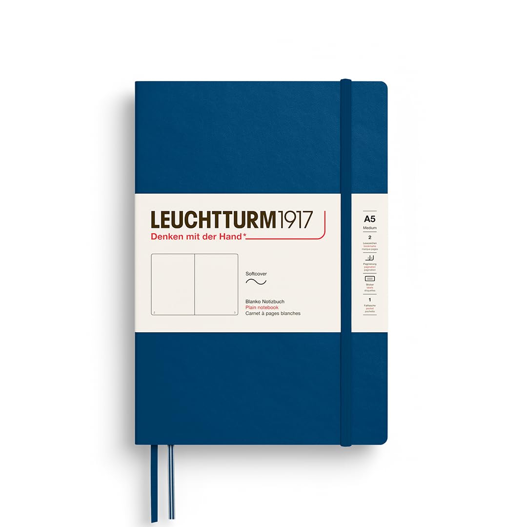 LEUCHTTURM1917 374002 Notebook Medium (A5), Softcover, 123 Numbered Pages, Indigo, Plain