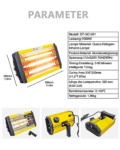 DATOUBOSS Lacktrockner Infrarot Trockner Auto 1000W Handheld Shortwave Baking Dryer Backfläche 300 * 200mm Mechanischer Timing-Infrarot-Lacktrockner Geeignet für Autolack Blechlackierung 230V