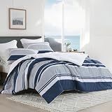 Bedduvit Striped Queen Comforter Sets - 100% Cotton Bedding Comforter Sets Queen,Navy Blue Striped Bed Set,3 Pieces Reversible Bed Set Pattern Printed Comforters Queen Size Matching Pillow Shams