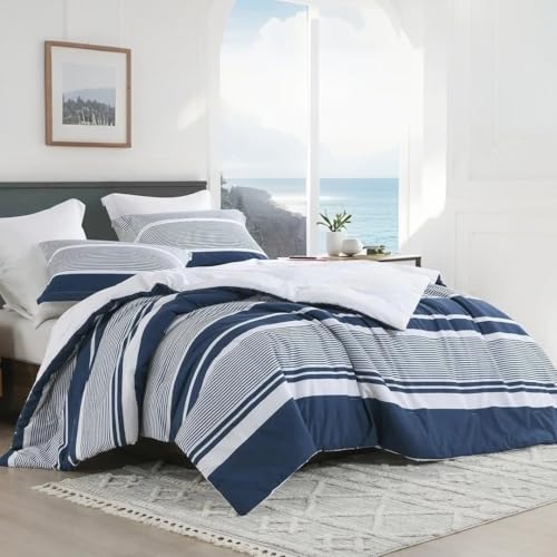 Bedduvit Striped Queen Comforter Sets - 100% Cotton Bedding Comforter Sets Queen,Navy Blue Striped Bed Set,3 Pieces Reversible Bed Set Pattern Printed Comforters Queen Size Matching Pillow Shams