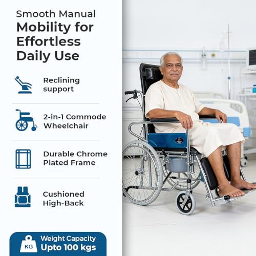 Image of Hero Ecomed Winn 303 C | Manual Wheelchair with Propelling Ring | Chrome Plated MS Frame | High Back Foldable Wheelchair | Commode Provision | For Patients & Elderly | 100 kg Capacity