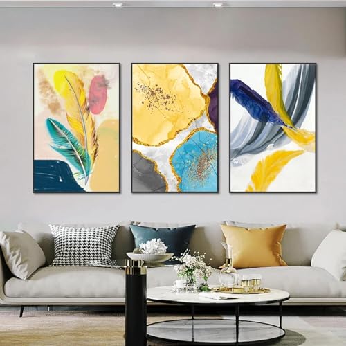 Tableau plumes jaune bleu KEBIA déco salon moderne | Triptyque abstrait scandinave 70x100 cm