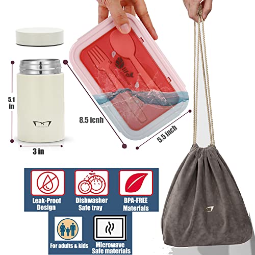 Mr.dakai Bento Box For Kids Adults Lunch Box Containers & Beige Leak-Proof Insulated Hot Thermos Food Jar Soup Container - Bpa-Free Salad Snack Boxes With Spoon Fork/Bag, Microwave Safe, Pink #TOP6