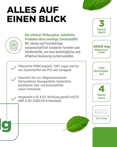 vit4ever Magnesium Malat - 365 Kapseln - 2000 mg davon 300 mg elementares Magnesium je Tagesportion - 4 Monatsvorrat - Hochdosiertes Magnesiummalat - Ohne Zusätze - Vegan
