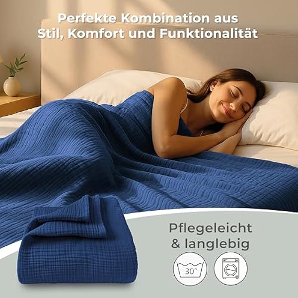 Laynenburg Muślinowa narzuta klasy premium 150 x 200 cm 100 bawełna bardzo miękka lekka kołdra letnia przytulna bawełniana narzuta na łóżko na kanapę ciepły koc na sofę kolor niebieski