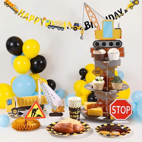 Skybooly 258 Pcs Construction Birthday Party Supplies Decoration Include Disposable Paper Plate Napkin Teacup Saucer Set Cupcake Stand Honeycomb Centerpiece Banner Hanging for Excavator Truck Birthday - Image 6