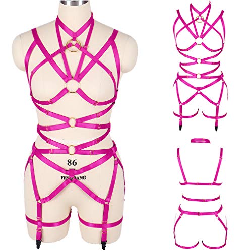 Women's Punk Harness Body Full Strappy Waist Belts EDC Dance Rave Wear (Rose Red)