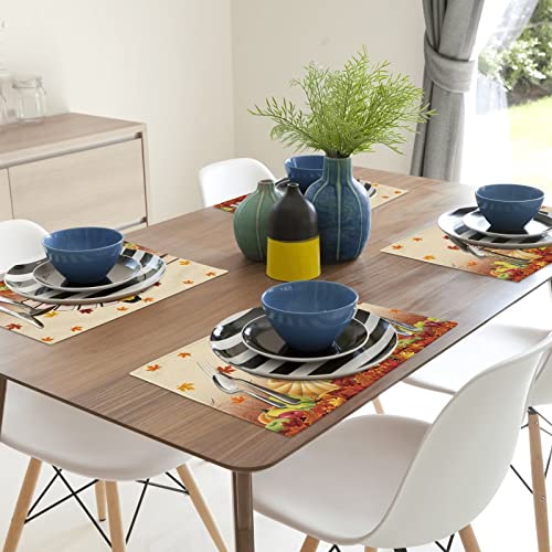 Thanksgiving Turkey Placemats Set Of 4, Fall Leaf Autumn Harvest Pumpkin Cotton Linen Stain Resistant Table Mats Washable Placemat Decoration For Kitchen Dining Table #TOP6