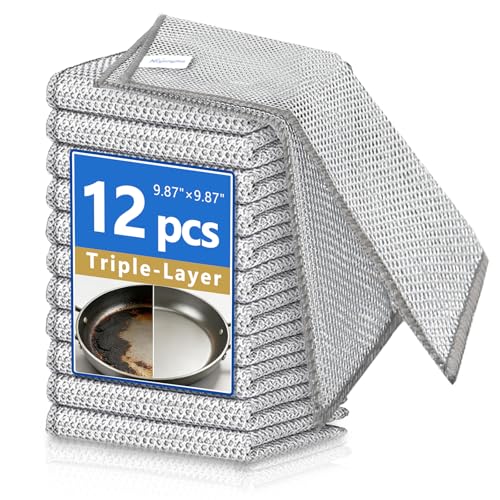 Ncyunyike 12PCS Non Scratch Wire Dishcloth, Non-Stick Pan Safe Cleaning Rag, 3-Layer Thickened Wire Dishwashing Rags, Powerful Cleaning Kitchen Dish Rags for House,Pots,Stovetop,Dishes, 9.87''x9.87''