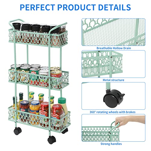 Fogein Slim Storage Cart With Wheels，3 Tier Metal Rolling Storage Organizer Cart With Mesh Basket Storage，For Bathroom Kitchen Laundry Room Office Narrow Place (Green) #TOP3