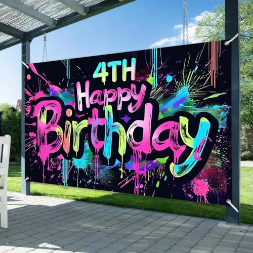 Image of HOMETITUTE Neon 4th Birthday Party Banner 71x43 Inch Paint Splatter Walls Decor for Kids Boys Girls Four Years Celebration Photo Booth Dynamic Background Glow in The Dark Backgrounds