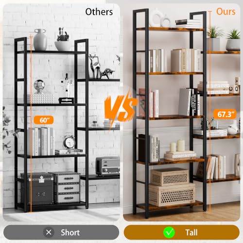 Image of Shintenchi Triple 5 Tier Bookshelf, Industrial Large Bookcase with 14 Open Display Shelves, Large Etagere Bookshelf,Wide Book Shelf Book Case for Home & Office, Brown