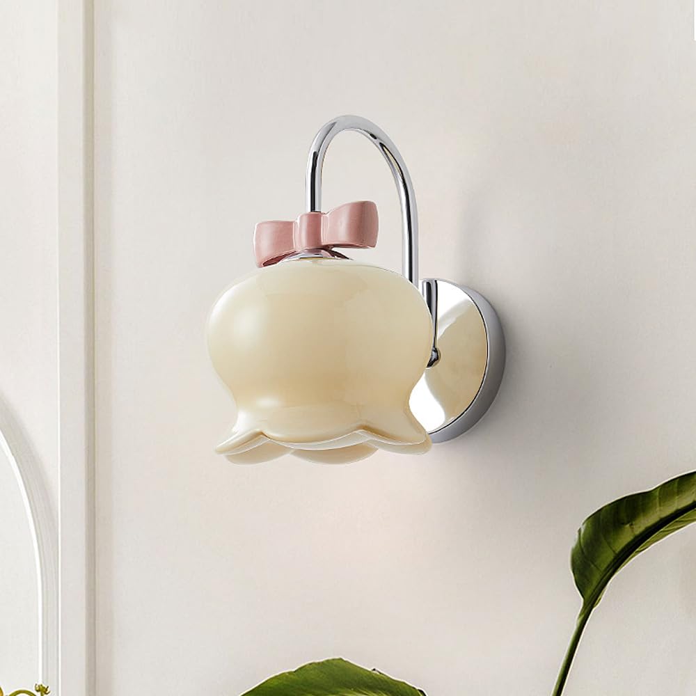Kinkiety ścienne do wnętrz Lampa ścienna do pokoju dziecięcego do sypialni dziewczynki z mleczno-białym szkłem śliczna kokarda różowa chromowana złota lampka nocna do salonu