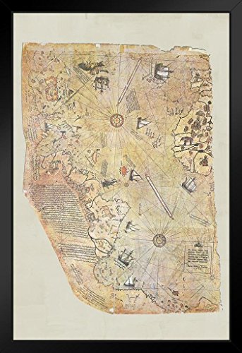 Piri Reis 1513 Historical World Map Travel World Map With Cities In Detail Map Posters For Wall Map Art Wall Decor Geographical Illustration Travel Destinations Black Wood Framed Art Poster 14X20 #TOP24