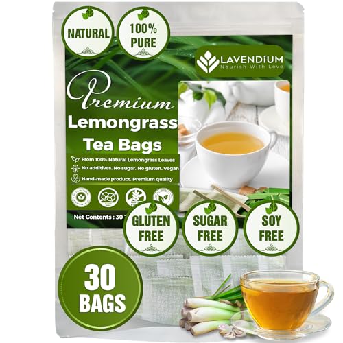 Image of Lavendium, 30 Lemongrass Tea Bags, 100% Natural & Pure Lemongrass leaves, Eco-Conscious Tea Bags, Lemongrass Herbal Tea. Lemongrass Leaf Tea. No Sugar, No Caffeine, No Gluten, Vegan.