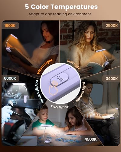 Image of Glocusent 26 LED Book Light, 1200 mAh 90 Hrs Lasting Rechargeable Reading Light, 5 Amber Colors & Stepless Dimming Book Reading Light - Portable Clip on Light for Book Lovers Kids
