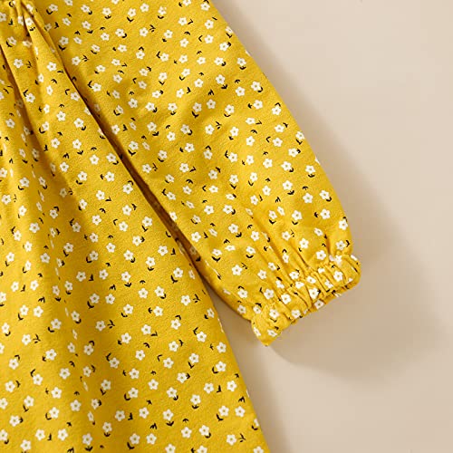Vinuoker Toddler Baby Girls Floral Dress Long Sleeve Cotton Dress Fall Winter Midi Dress Little Girl Dress 2-7 Years Yellow #TOP6