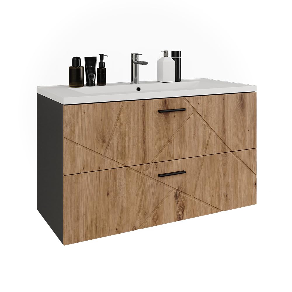 Vicco Conjunto de Muebles de baño Irma, Antracita/Roble Dorado, 100 cm | compuesto por mueble bajo de baño y lavabo