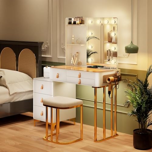 Dystle Makeup Vanity Desk with Mirror & Lights, Vanity Table with 5 Drawers, 2 Shelves, Vanity Set for Bedroom, Dressing Table with LED Lights, Vanity Gifts for Girls Lady (white)