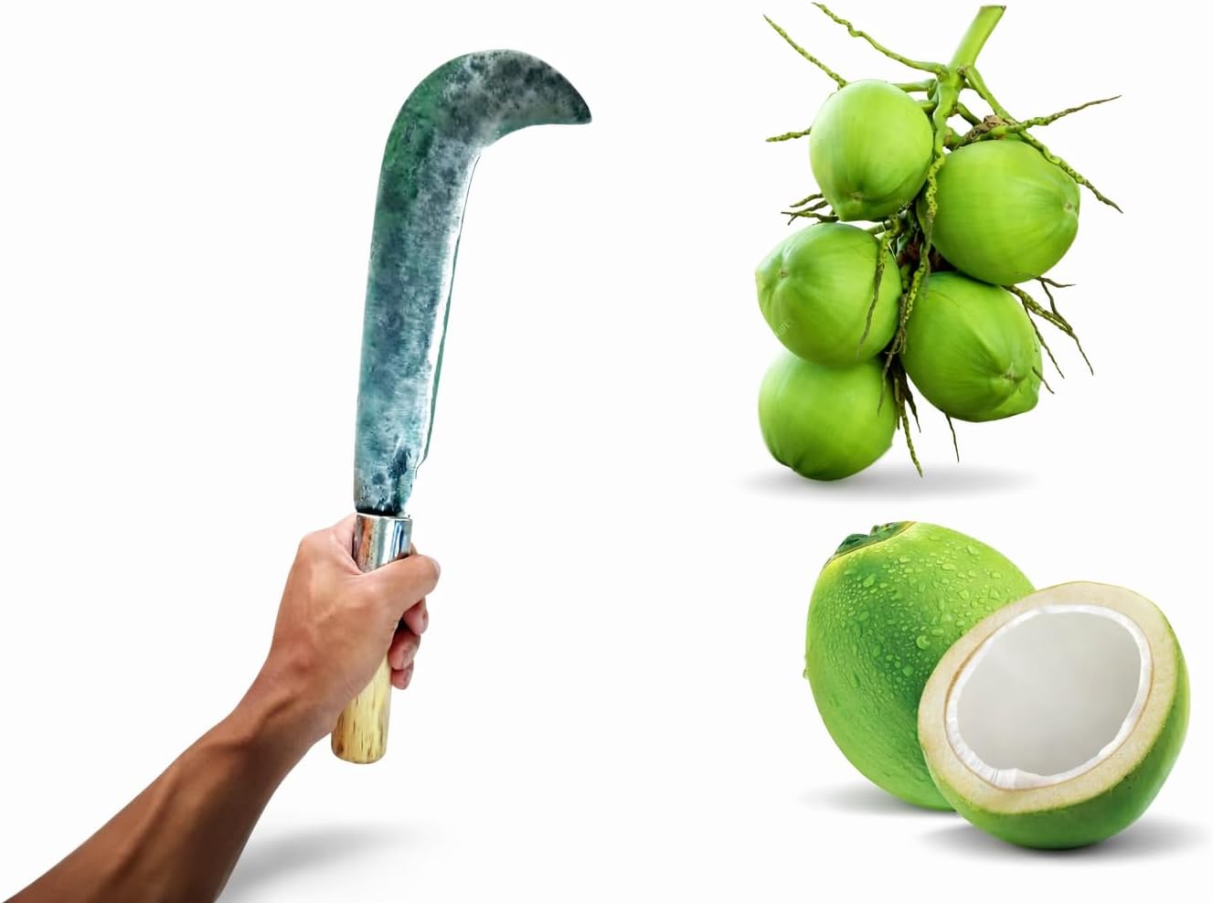 Traditional Coconut Breaker Cutting Knife with Wooden Handle, Heavy Iron Blade, Kitchen Tool for Coconut Opening, Black, (Set of 2)