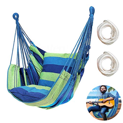 Hammock Chair Hanging Rope Swing Seat for Indoor Outdoor, Sturdy Cotton Weave Hammock Swing, Max 300Lbs Hanging Hammock Chair for Bedroom Patio Porch (Wooden Bar and Pillows NOT Included, Blue-Green)